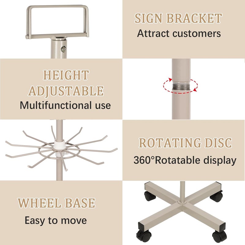 Exttlliy Retail Display Stand Store Display Rack 5 Tier Metal Spinning Display Stand Rack with Wheels Keychain Jewelry Stocking Hat Display Stand with Hooks for Malls, Showroom, Retail Store (Grey) - Image 4